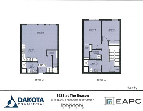 Floor plan for 2 beds, 2 baths, 1345 sqft